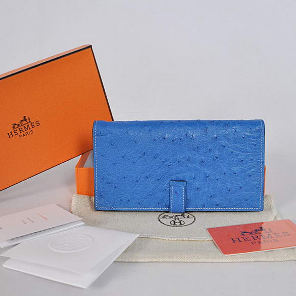 High Quality Hermes Bearn Japonaise Ostrich Leather BI-Fold Wallet H208 Blue Fake - Click Image to Close